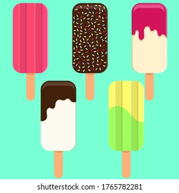 Collection of colorful fruity and milky frozen popsicles with chocolate, and fruit toppings. Isolated  summer color flat modern vector illustration on green background. Ice‐lolly, ice cream.