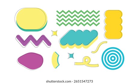 Uma coleção de formas geométricas e abstratas coloridas com sombras de deslocamento em um plano de fundo branco