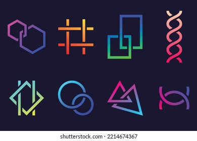 Collection of colorful geometric logos isolated on dark background.  Bright gradient icons. Vibrant creative design - vector objects.