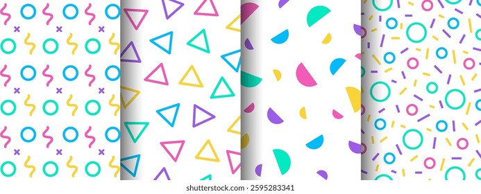 Collection of colorful geometric patterns. Decoration for geometric design artwork style, advertising, wrapping, printing, book cover. Vector illustration