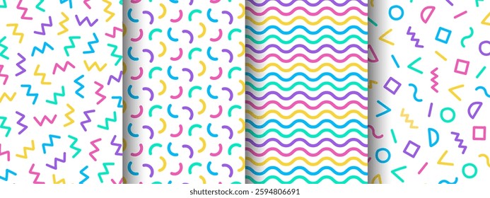 Collection of colorful geometric patterns on white background. Decoration for geometric design artwork style, advertising, wrapping, printing, book cover. Vector illustration