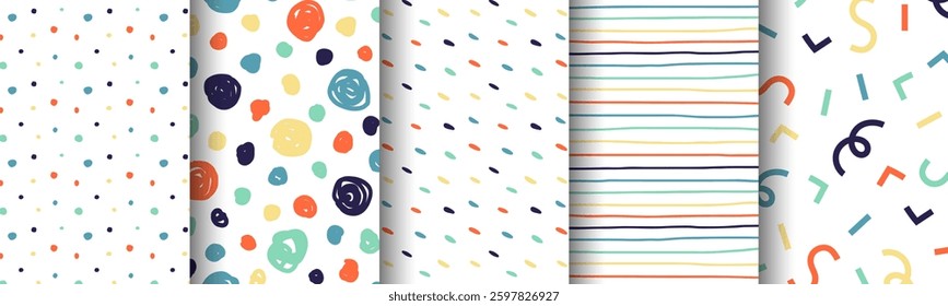 Collection of colorful geometric patterns on white background. Decoration for geometric design artwork style, advertising, wrapping, printing, book cover. Vector illustration