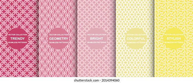 Collection of colorful geometric  seamless patterns - bright symmetric textures. Vector repeatable minimalistic backgrounds. Trendy ornamental prints