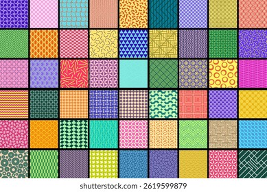 Collection of colorful geometric seamless patterns in different styles. Repeatable bright unusual trendy backgrounds. Vibrant endless prints
