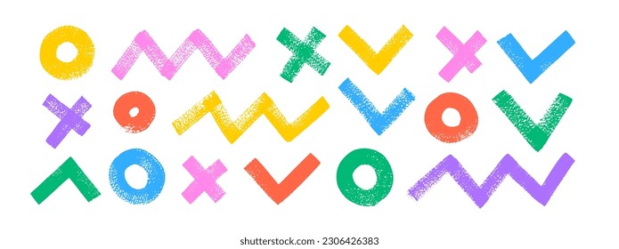 Collection colorful geometric shapes. Brush drawn multi colored zigzags, circles, crosses and various bold lines. Contemporary abstract geometric shapes isolated on white background.