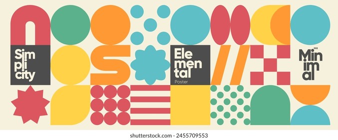 Collection of colorful geometric shapes forming a series of minimalist typographic posters with a retro design aesthetic.