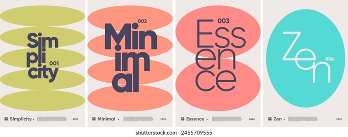 Collection of colorful geometric shapes forming a series of minimalist typographic posters with a retro design aesthetic.