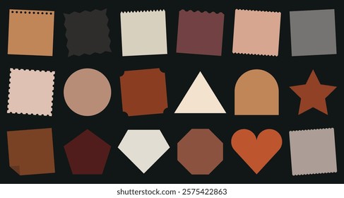 A collection of colorful geometric shapes, including squares, circles, triangles, and stars, in various shades of brown, orange, and beige on a dark background. Memo element vector set.