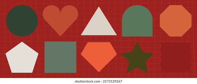 A collection of colorful geometric shapes on a red grid background. Includes a circle, heart, triangle, square, and star. Various shapes and colors. Memo element vector set.