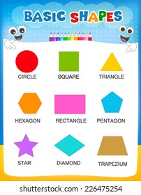 Collection of colorful geometric shapes and their names illustration isolated on white background for preschool / kindergarten children 