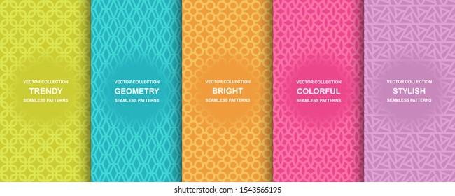 Collection of colorful geometric simple seamless patterns - bright symmetric textures. Vector repeatable minimalistic backgrounds.
