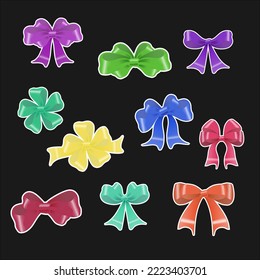 Collection of colorful gift bow stickers on a dark background for Christmas and holiday designs. Vector illustration.