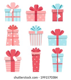 Collection of colorful gift boxes with bows and ribbons. Flat style vector illustration isolated on white. Wrap for gift package. Different present boxes for Birthday, valentine, Christmas, holiday. 
