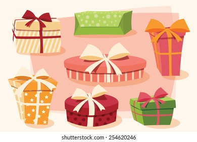 Collection of colorful gift boxes with bows and ribbons in different shapes, vector illustration