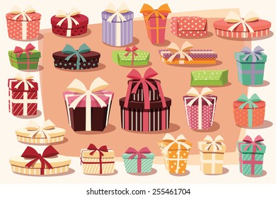 Collection of colorful gift boxes with bows and ribbons in different shapes, vector illustration