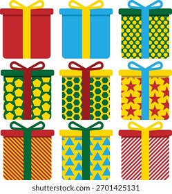 Colección de coloridas cajas de regalo con arcos