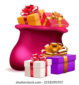 Collection of colorful gift boxes in a large red Christmas bag, isolated on white background.
