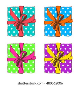 Collection of colorful gift boxes. Vector illustration. Isolated on white background.