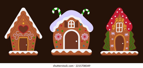Collection Of Colorful Gingerbread Houses For Christmas Decoration Vector Illustration In Flat Style