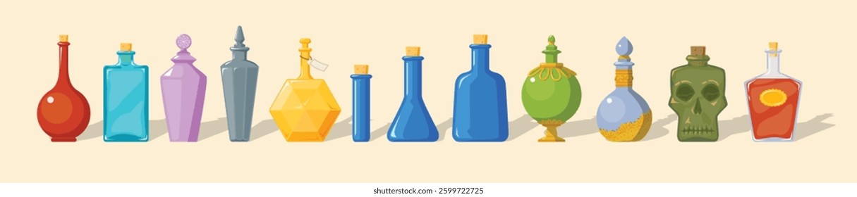 A collection of colorful glass bottles for potions, medicine or perfume