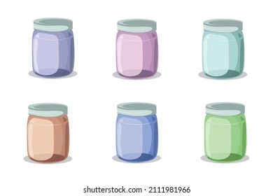 Collection of colorful glass storage jars with airtight aluminum lids, vector mockup set, realistic illustration, empty food containers