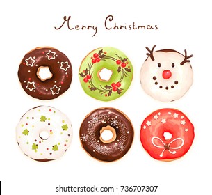 Collection of colorful glazed Donuts with Christmas decorations, vector holiday illustration.