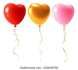 Collection of colorful, glossy and shiny heart shape balloons with golden ribbon. Suitable for Valentine's Day, Mother's Day, wedding or other event decoration. Vector 3d cartoon illustration