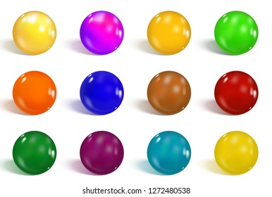 Collection of colorful glossy spheres isolated on white. Realistic gradient mesh. Colorful soft round buttons or vivid color spheres. Vector illustration for your design. 