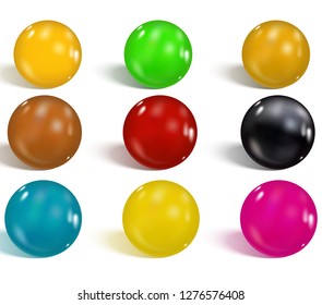 Collection of colorful glossy spheres isolated on white. Realistic gradient mesh. Colorful soft round buttons or vivid color spheres. Vector illustration for your design. 