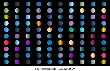 A collection of colorful gradient dots arranged in a grid pattern on a black background.