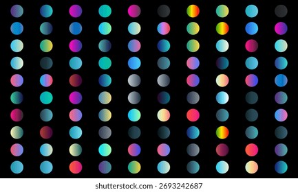 Una colección de puntos degradados de colores dispuestos en un patrón de cuadrícula sobre un fondo negro.