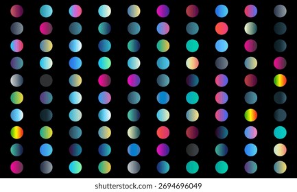 A collection of colorful gradient dots arranged in a grid pattern against a black background.