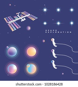 Collection of colorful gradient planets, astronauts, stars and space station