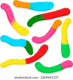 Collection of colorful gummy and jelly candy worms. Vector illustration