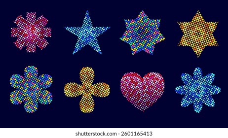 Collection of colorful halftone geometric shapes - stars, flowers,  heart to create collages  that blends modern minimalism with a vintage aesthetic.