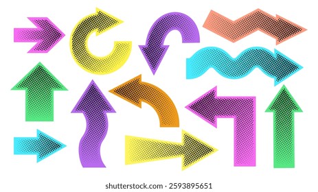 Collection of colorful halftone patterned arrows pointing in various directions on a white background, with a bright, retro feel.
