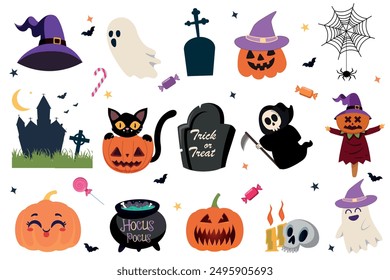 Collection of colorful Halloween icon. Pumpkin, ghost, witch hats, tombstone, spider web, black cat, candy, haunted house, grim reaper. Perfect for Halloween decoration, sticker, card and party. 