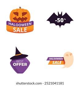 Colección de coloridos íconos de descuento con temática de Halloween con una calabaza, murciélago, sombrero de bruja y fantasma