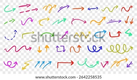 Collection of Colorful Hand Drawn Arrow Symbols Color hand drawn crayon thick arrows, Line vector icon, Pencil, marker, chalk, pastel or crayon texture scribble, Up and down bold shape