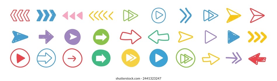 Collection colorful hand drawn arrows. Set simple arrows isolated on white background. Doddle arrow set