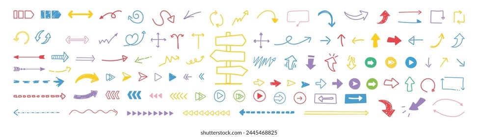 Collection colorful hand drawn arrows. Set simple arrows isolated on white background. Doddle arrow set