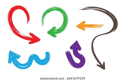 Collection of colorful hand drawn brush stroke arrows set pointing in various directions, Vector Illustration
