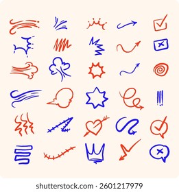 A collection of colorful hand drawn charcoal doodles. Pencil drawings arranged in squiggly shapes and forms.