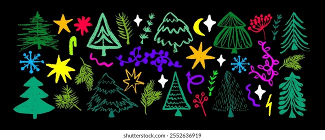 Collection of colorful hand drawn Christmas trees. Festive background. Abstract doodle wood pattern. Vector illustration in flat style.