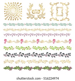 Collection of colorful hand drawn decorative doodle, vintage borders and frames, branches and dividers. Design Elements