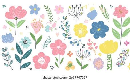 collection of colorful hand drawn flowers and plants on a white background perfect for spring themed designs and creative projects