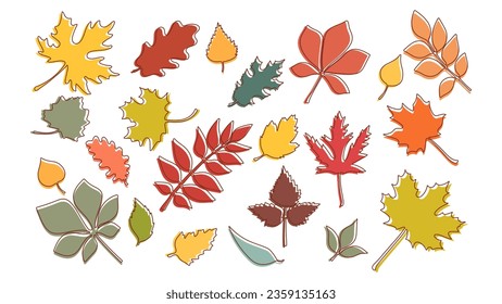 Collection of colorful hand drawn outline autumn leaves. Leaf in one line doodle style.