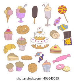 Collection of colorful hand drawn sketched linear sweets: muffin