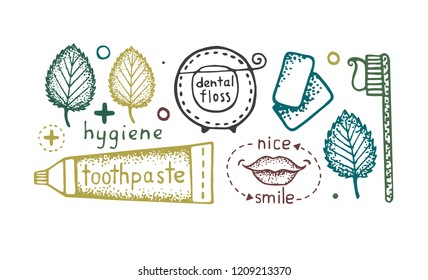 Collection of colorful hand drawn symbols of hygiene: toothpaste, toothbrush, dental floss, nice smile, mint leaves and bubblegum. Vector. Isolated on background.