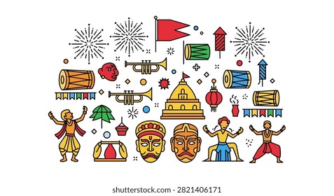 A collection of colorful hand drawn vector illustrations representing Indian cultural festivities including dancers temple fireworks and musical instruments